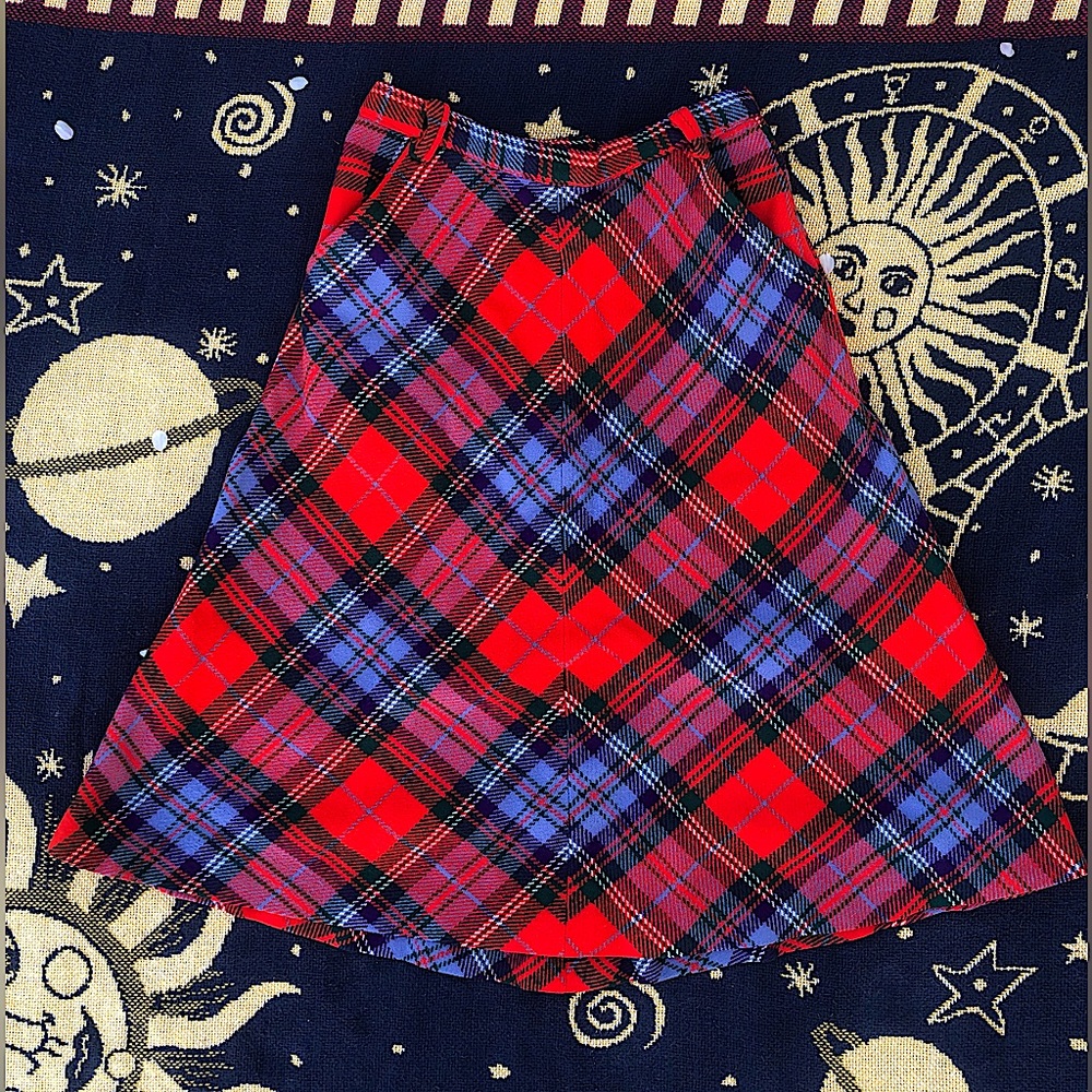 VTG | Wool Plaid Tartan Knee-Length Skirt Red-Orange Green & Periwinkle sz 9-10